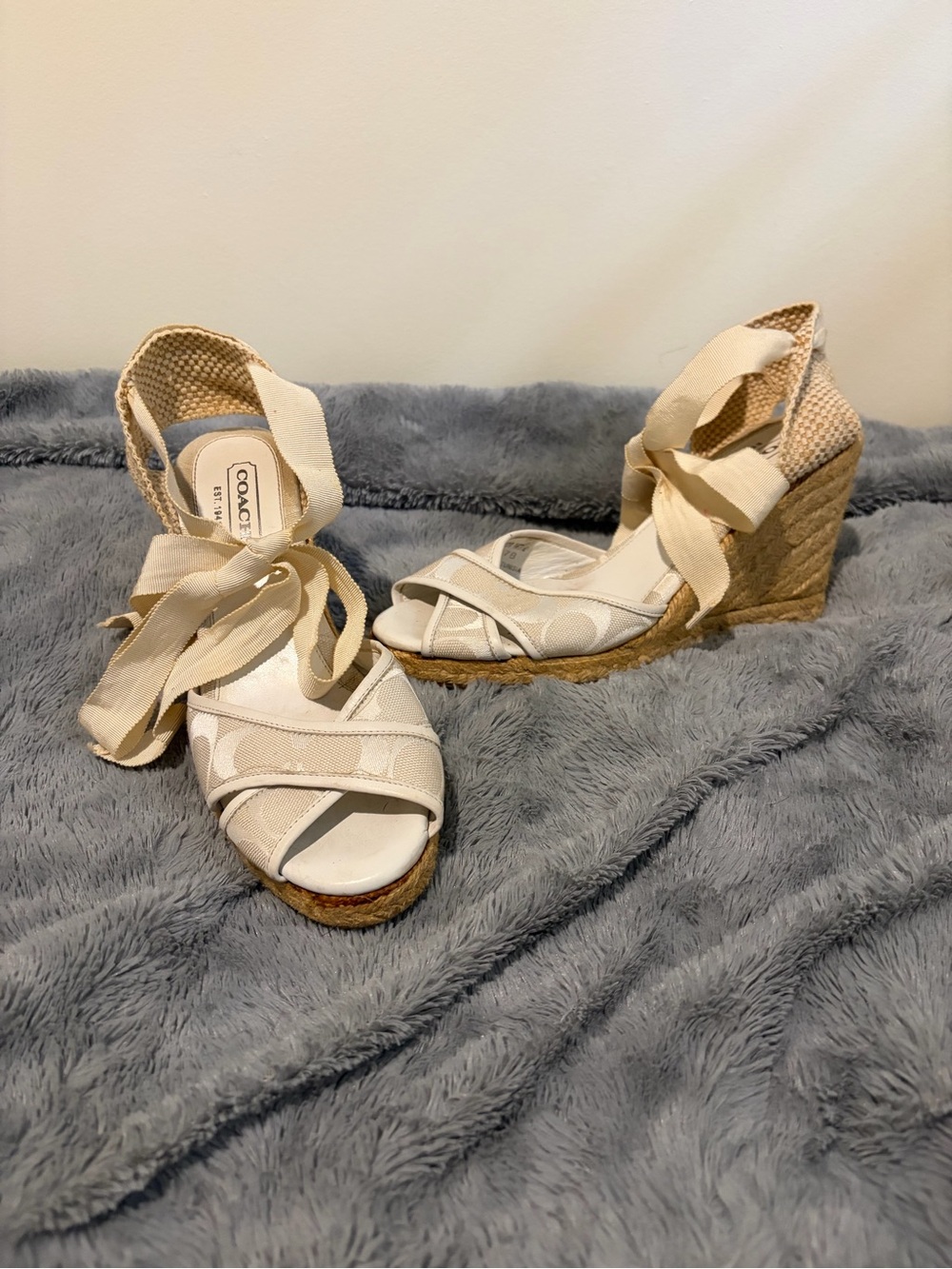Coach Cream Canvas Espadrille Wedge Sandals with Ankle Tie
